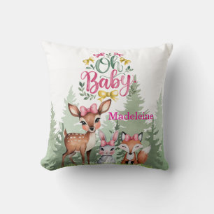 Pastel Meadow Companions: Oh Baby Girl Baby Shower Cushion