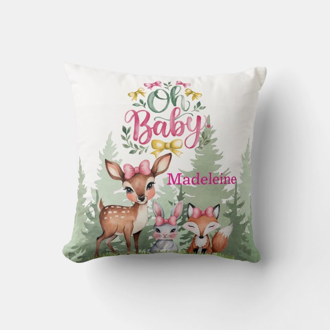 Pastel Meadow Companions: Oh Baby Girl Baby Shower Cushion (Front)
