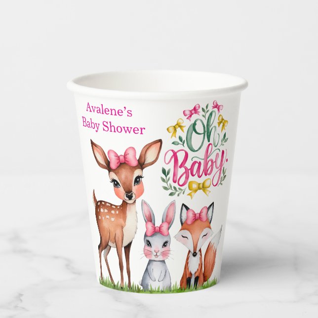 Pastel Meadow Companions: Oh Baby Girl Baby Shower Paper Cups (Front)