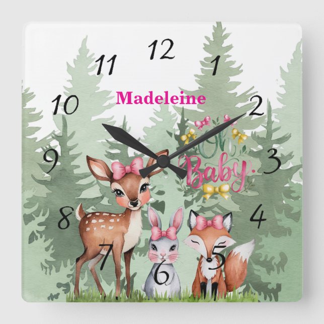 Pastel Meadow Companions: Oh Baby Girl Baby Shower Square Wall Clock (Front)