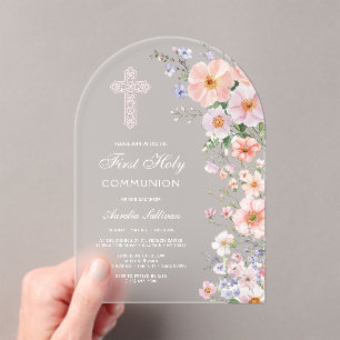 Pastel Meadow Flowers Arch First Communion Acrylic Invitations