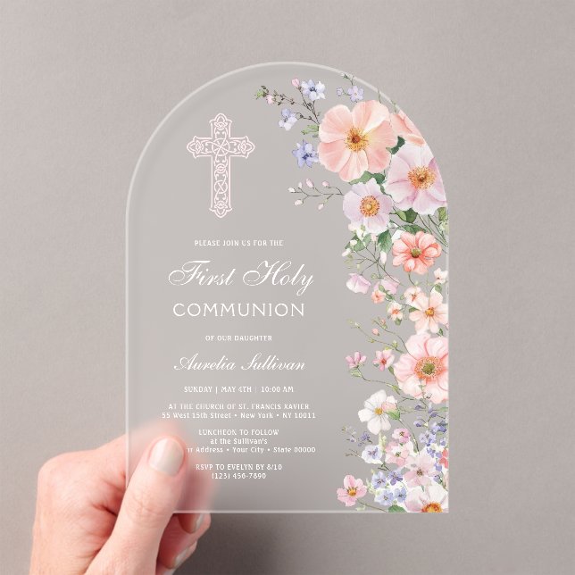 Pastel Meadow Flowers Arch First Communion Acrylic Invitations (Insitu (Handheld))