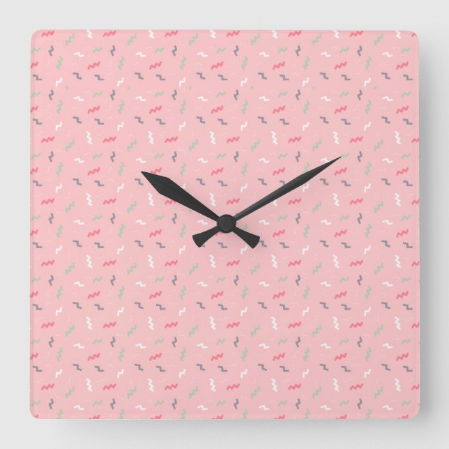 Pastel Memphis Pattern with Abstract Squiggles Square Wall Clock (Front)