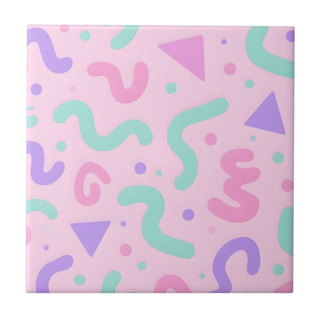 Pastel Memphis Squiggle Geometric Playful Retro  Ceramic Tile (Front)