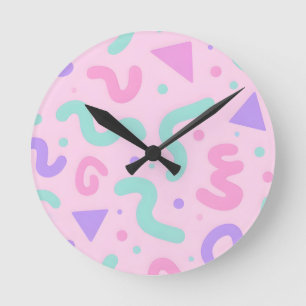 Pastel Memphis Squiggle Geometric Playful Retro  Round Clock