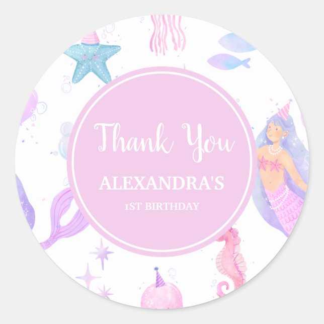 Pastel Mermaid 1st Birthday Ocean Party Girl Classic Round Sticker (Front)