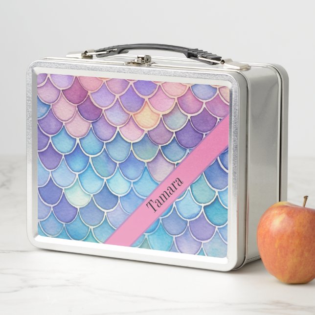 Pastel Mermaid Scale Pattern Personalised Name  Metal Lunch Box (In Situ)