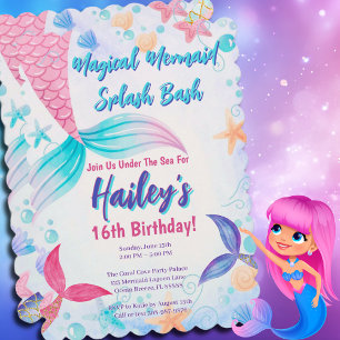 Pastel Mermaid Tails Watercolor Birthday  Invitation