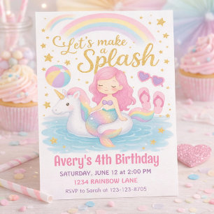Pastel Mermaid Unicorn Pool Party Birthday Design Invitation