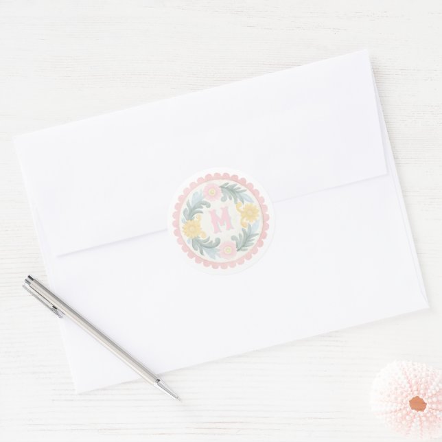 Pastel Mexican Talavera Monogram Classic Round Sticker (Envelope)