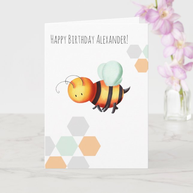 Pastel Minimalist Bee Happy Birthday Personalised Card (Orchid)