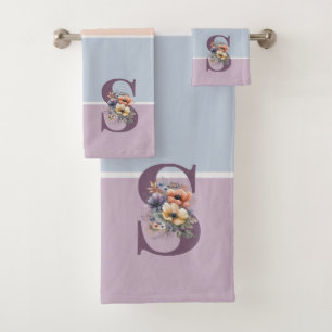 Pastel minimalist stripes with watercolors flowers bath towel set