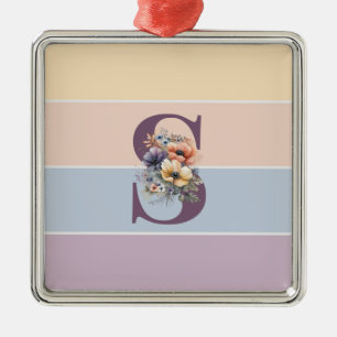 Pastel minimalist stripes with watercolors flowers metal ornament