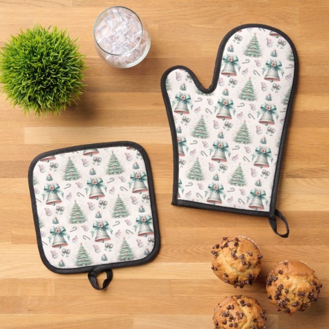 Pastel Mint and Pink Christmas Seamless Pattern Oven Mitt & Pot Holder Set (Top Down)