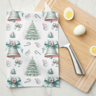 Pastel Mint and Pink Christmas Seamless Pattern Tea Towel