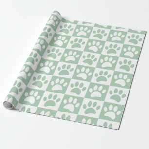 Pastel Mint And White Dog Paws In Squares Custom Wrapping Paper