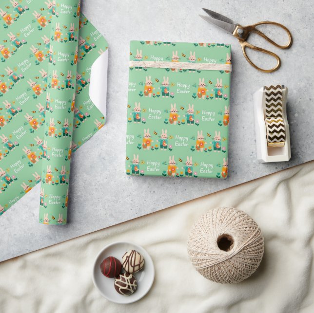 Pastel Mint Garden Bunny Easter Wrapping Paper (Crafts)