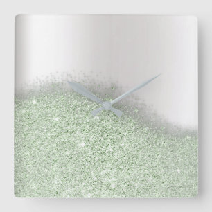 Pastel Mint Glitter Silver Grey Minimal Metallic Square Wall Clock