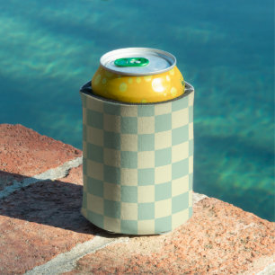 Pastel Mint Green and Pale Yellow Chequerboard Can Cooler