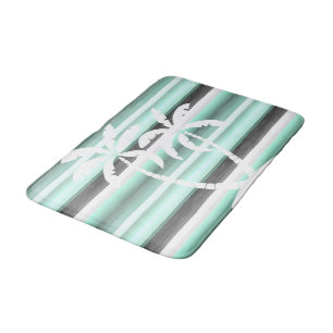 Pastel Mint Green Grey Watercolor Stripes Pattern Bath Mat