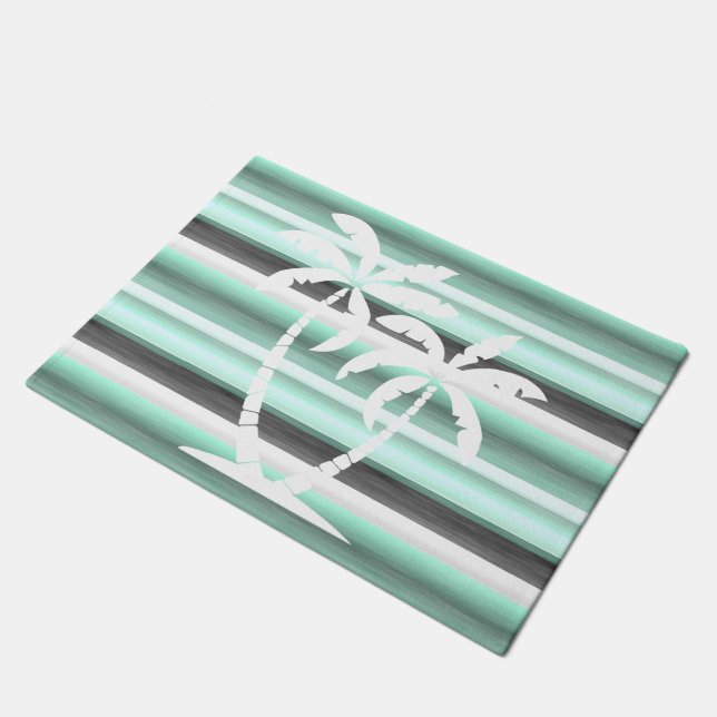 Pastel Mint Green Grey Watercolor Stripes Pattern Doormat (Angled)