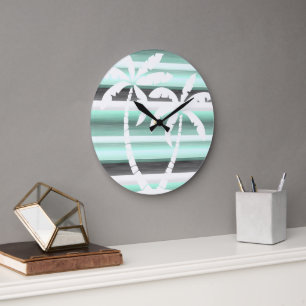 Pastel Mint Green Grey Watercolor Stripes Pattern Large Clock