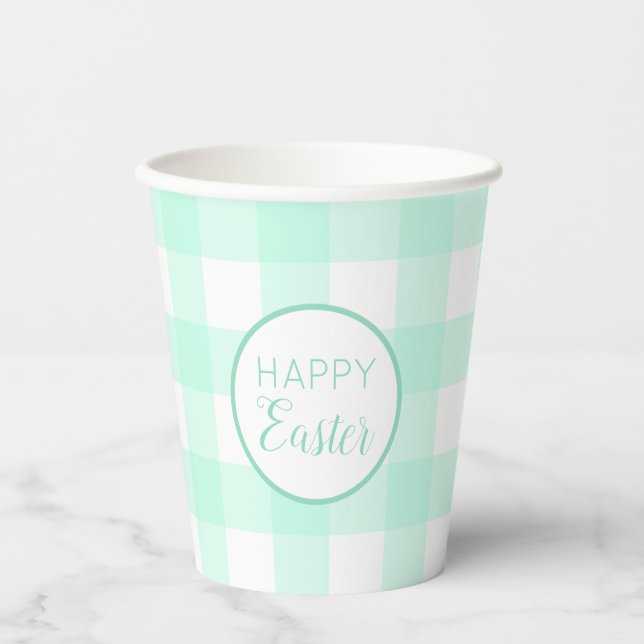 Pastel Mint Green Happy Easter Plaid Pattern Paper Cups (Front)