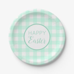 Pastel Mint Green Happy Easter Plaid Pattern Paper Plate