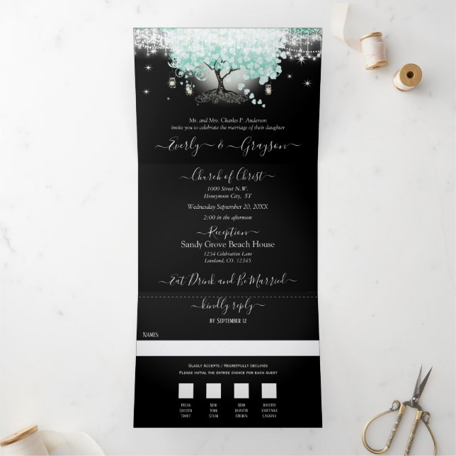 Pastel Mint Green on Black Heart Leaf Wedding Tri-Fold Invitation (Inside)