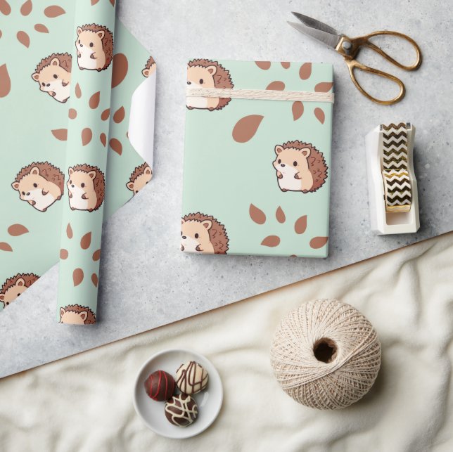 Pastel Mint Green Seamless Hedgehog Wrapping Paper (Crafts)