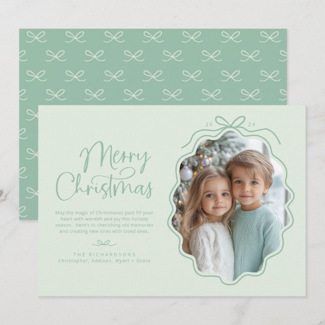 Pastel Mint Green Wavy Retro Photo Holiday Card (Front/Back)