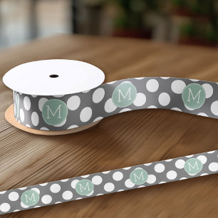 Pastel Mint & Grey Polka Dots with Custom Monogram Satin Ribbon