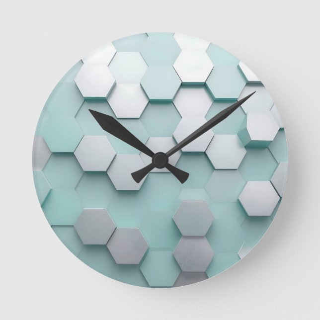 Pastel Mint Hexagon 3D Mosaic Round Clock (Front)