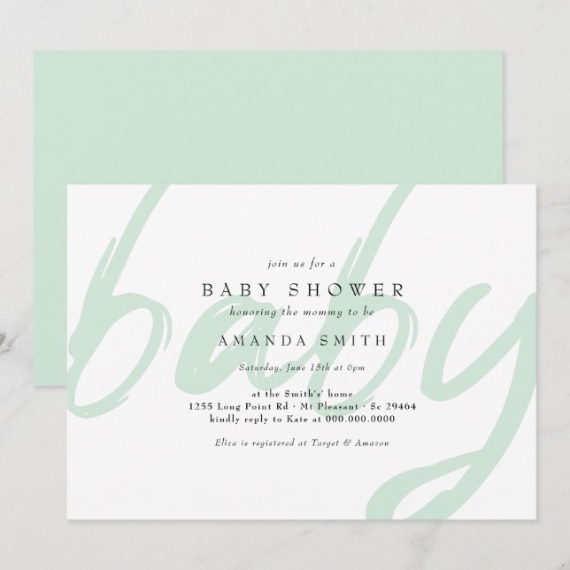 Pastel Mint Minimal Gender Neutral Baby Shower Invitation (Front/Back)