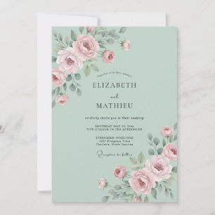 Pastel Mint Ranunculus Grey Eucalyptus Wedding Invitation