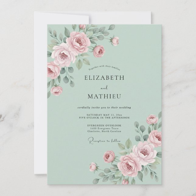 Pastel Mint Ranunculus Grey Eucalyptus Wedding Invitation (Front)