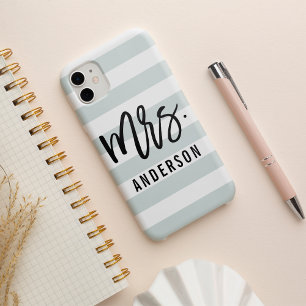 Pastel Mint Stripe New Mrs Last Name Bride iPhone 13 Case