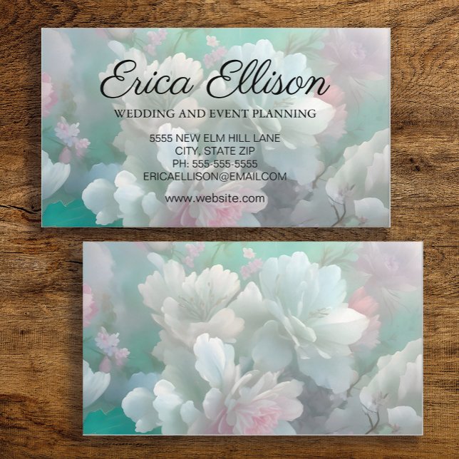 Pastel Mint White Pink Floral Feminine Business Card (Mint, pink, white watercolor floral business card for her)