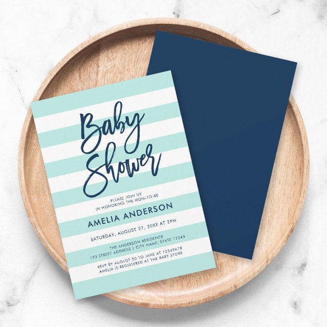 Pastel Mint & White Stripes Blue Baby Shower Invitation (Creator Uploaded)