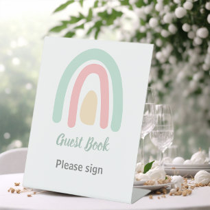 Pastel Minty Rainbow Baby Shower Guest Book  Pedestal Sign