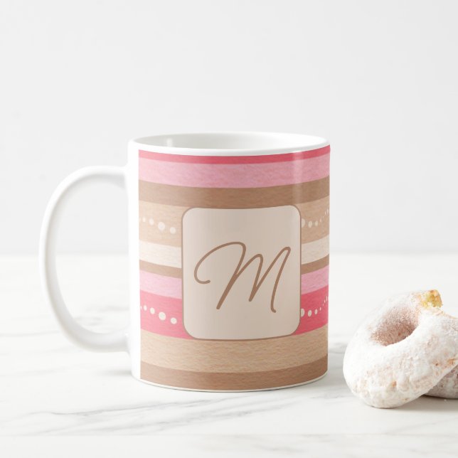 Pastel Monogram And Stripes Pattern Coffee Mug (With Donut)