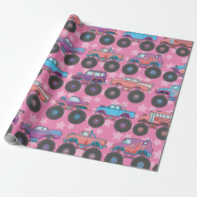 Pastel Monster Truck Wrapping Paper (Unrolled)