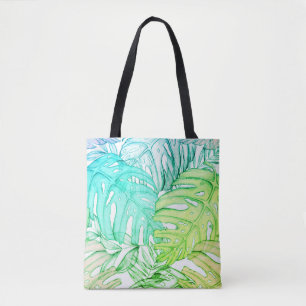 Pastel monstera palm leaf tropical watercolor tote bag