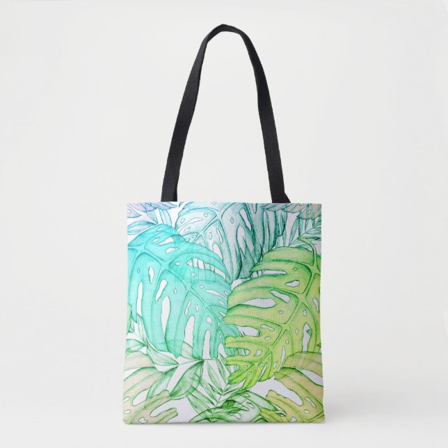 Pastel monstera palm leaf tropical watercolor  tote bag (Front)
