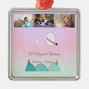 Pastel Moonlit Christmas Family Photo Glow Metal Ornament