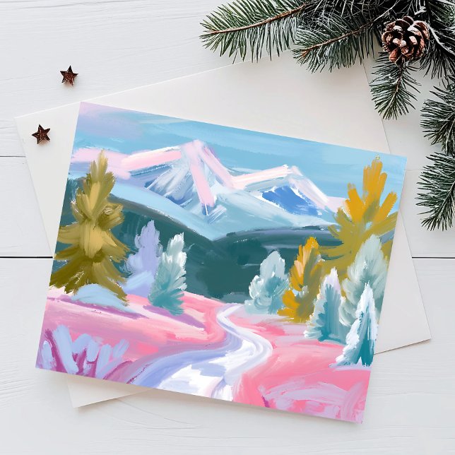 Pastel Mountain Range Winter Scene | Paint Strokes Holiday Postcard (Creator Uploaded)