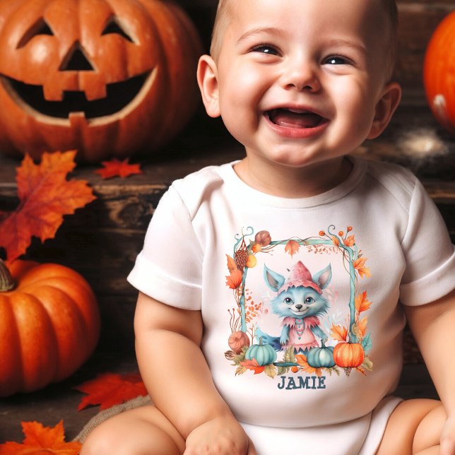 Pastel Name Cute Blue Fox Pumpkin Patch Halloween Baby Bodysuit (Creator Uploaded)