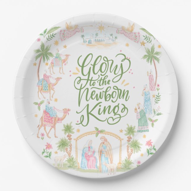 Pastel Nativity | Glory to the Newborn King Paper Plate (Front)