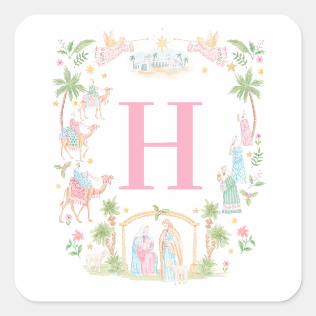 Pastel Nativity Monogram Square Sticker (Front)