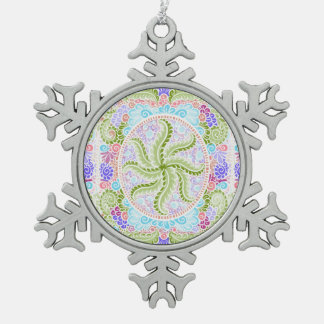 Pastel Nature Mandala Art Snowflake Pewter Christmas Ornament